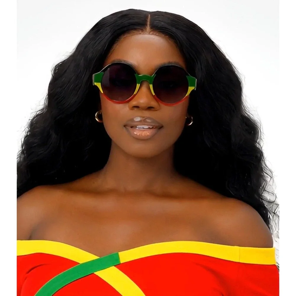 Rasta Sunglasses Round Frame Reggae Colors Funky Fashion Shades Women Retro‎ New